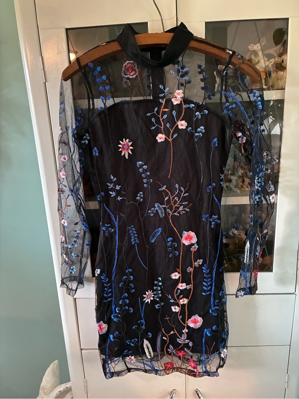 Miss Behave sz 14 Sheer Embroidered Floral Dress with Blue and Pink Accents euc